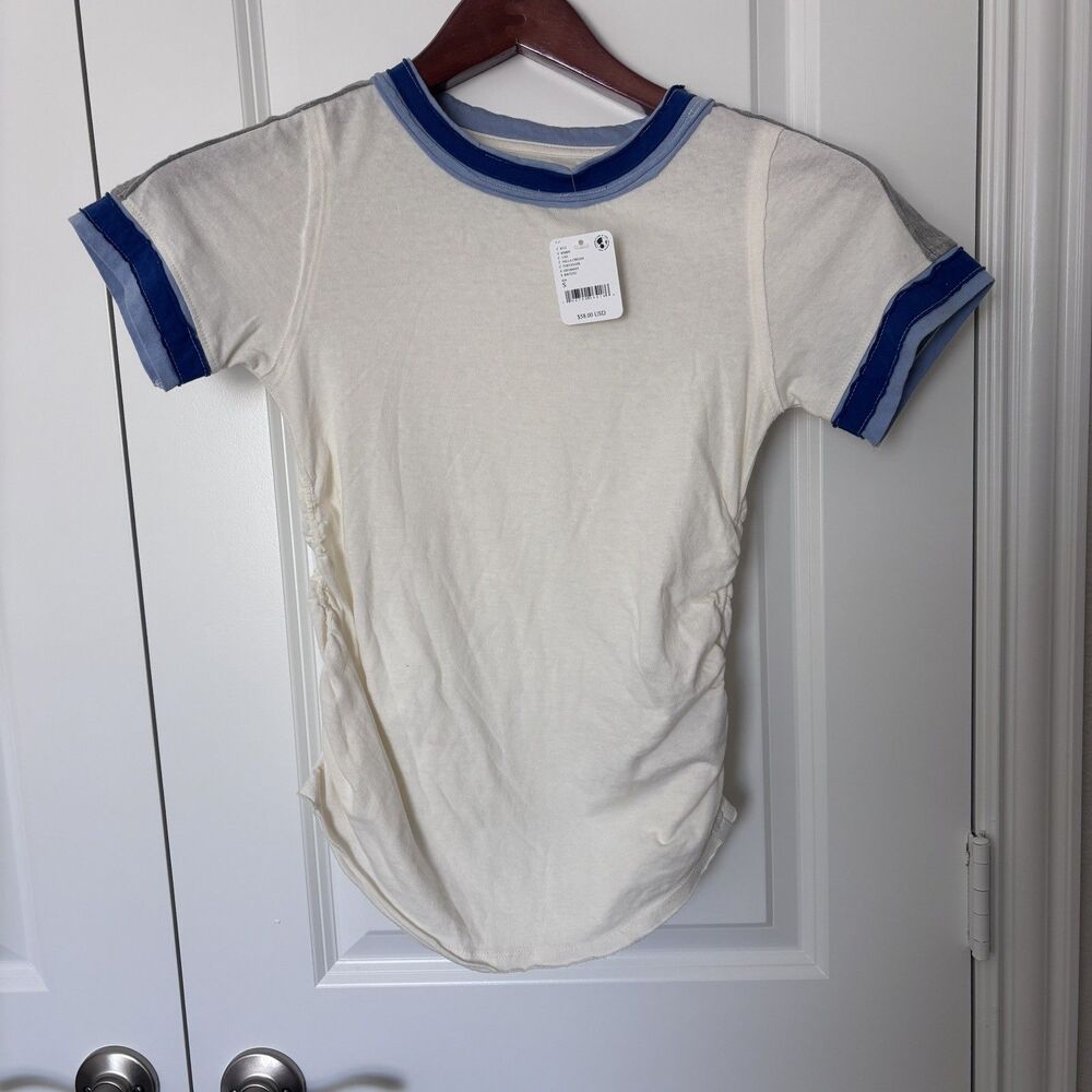 Free People White Blue Contrast Trim Ringer Crew Neck Short Sleeve Tee Size S